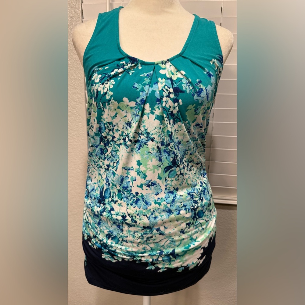 New York & Company Teal and Blue Floral Blouse